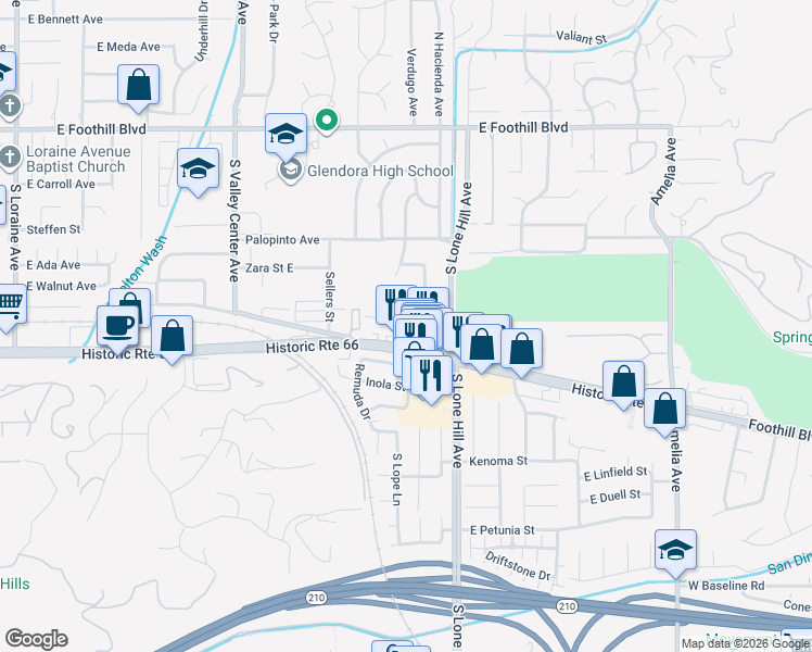 map of restaurants, bars, coffee shops, grocery stores, and more near 1818 Manor Lane in Glendora