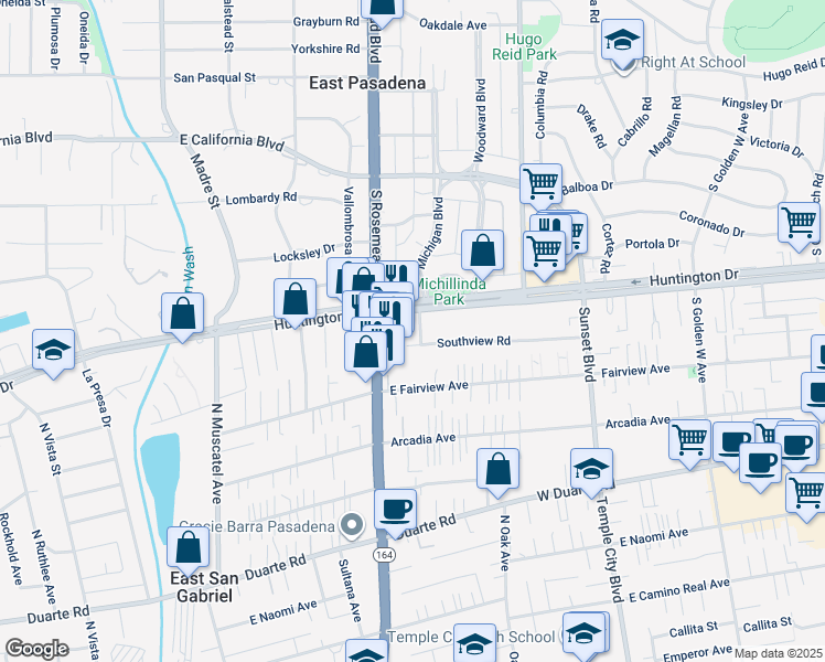 map of restaurants, bars, coffee shops, grocery stores, and more near 7265 Jackson Place in San Gabriel