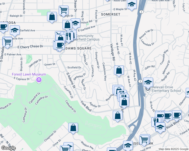 map of restaurants, bars, coffee shops, grocery stores, and more near 1430 Corona Drive in Glendale