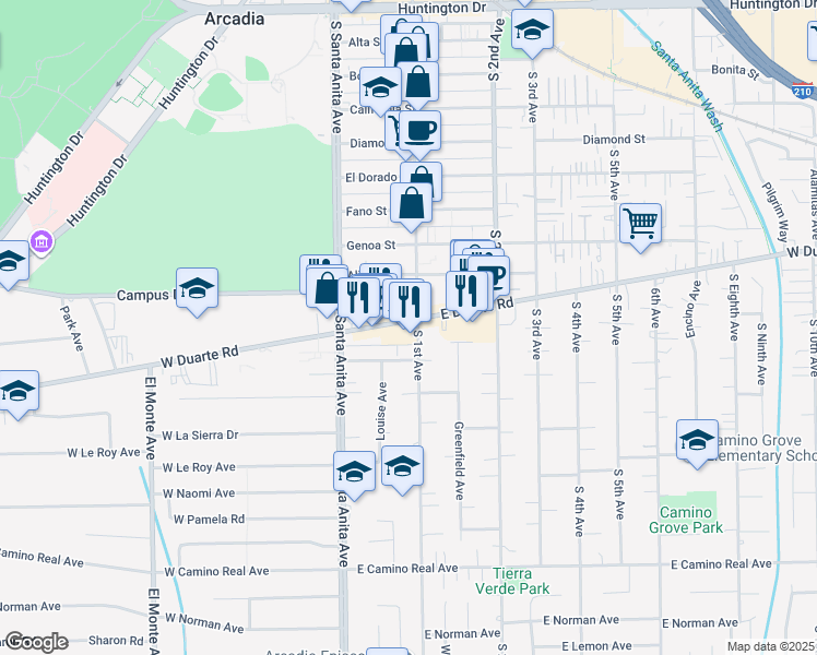 map of restaurants, bars, coffee shops, grocery stores, and more near 56 East Duarte Road in Arcadia