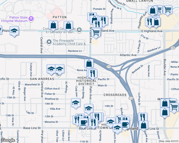 map of restaurants, bars, coffee shops, grocery stores, and more near 6836 Palm Avenue in Highland