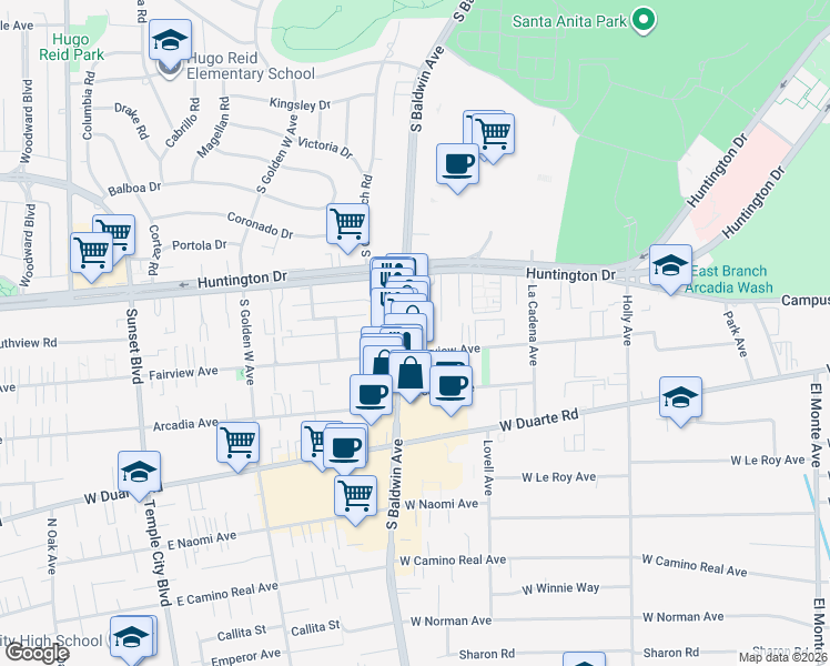 map of restaurants, bars, coffee shops, grocery stores, and more near 900 South Baldwin Avenue in Arcadia