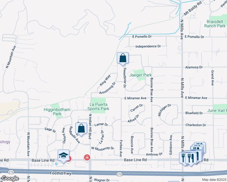 map of restaurants, bars, coffee shops, grocery stores, and more near 173 Butler Court in Claremont