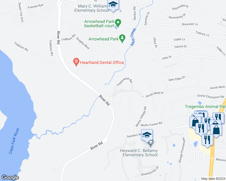 map of restaurants, bars, coffee shops, grocery stores, and more near 201 Fayemarsh Road in Wilmington