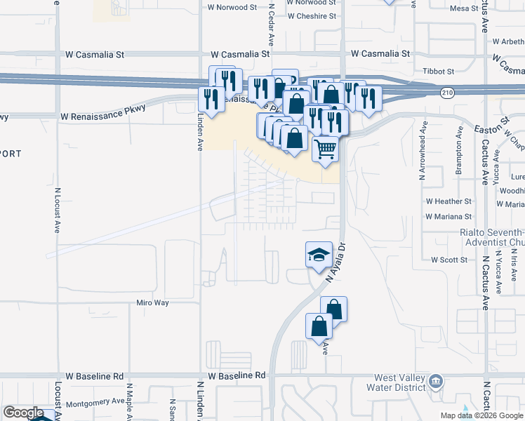 map of restaurants, bars, coffee shops, grocery stores, and more near Phantom Lane in Rialto