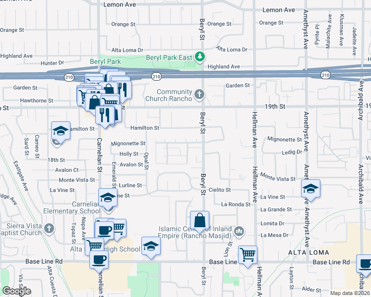 map of restaurants, bars, coffee shops, grocery stores, and more near 6870 Saddleback Place in Rancho Cucamonga