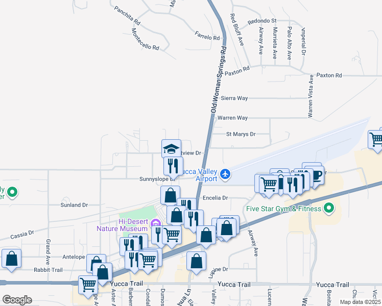 map of restaurants, bars, coffee shops, grocery stores, and more near 12345 Yucca Vista Avenue in Yucca Valley