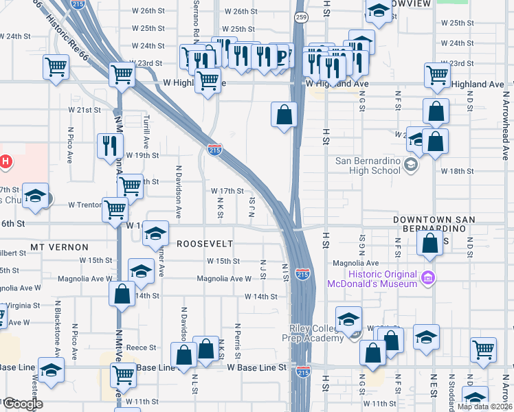 map of restaurants, bars, coffee shops, grocery stores, and more near 1657 North J Street in San Bernardino