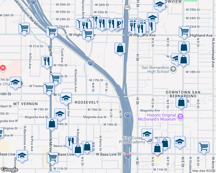 map of restaurants, bars, coffee shops, grocery stores, and more near 1657 North J Street in San Bernardino