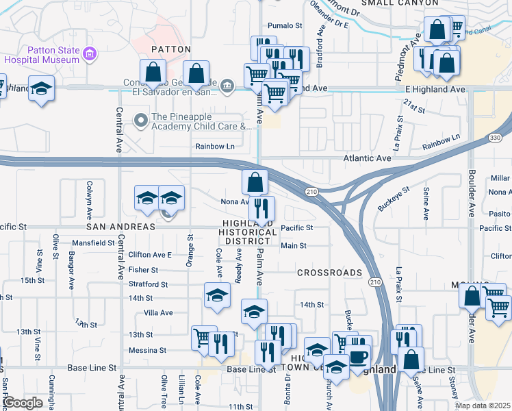 map of restaurants, bars, coffee shops, grocery stores, and more near 6836 Palm Avenue in Highland