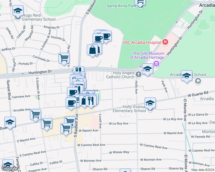 map of restaurants, bars, coffee shops, grocery stores, and more near 515 Fairview Avenue in Arcadia