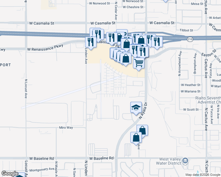 map of restaurants, bars, coffee shops, grocery stores, and more near 1668 Phantom Lane in Rialto