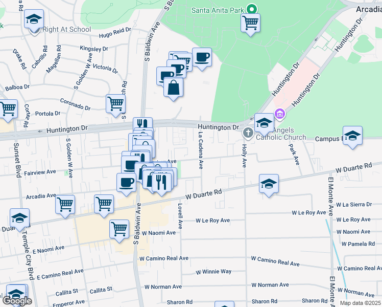 map of restaurants, bars, coffee shops, grocery stores, and more near 515 Fairview Avenue in Arcadia