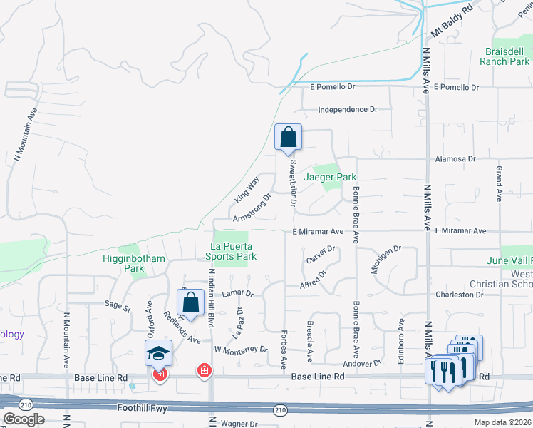 map of restaurants, bars, coffee shops, grocery stores, and more near 173 Butler Court in Claremont