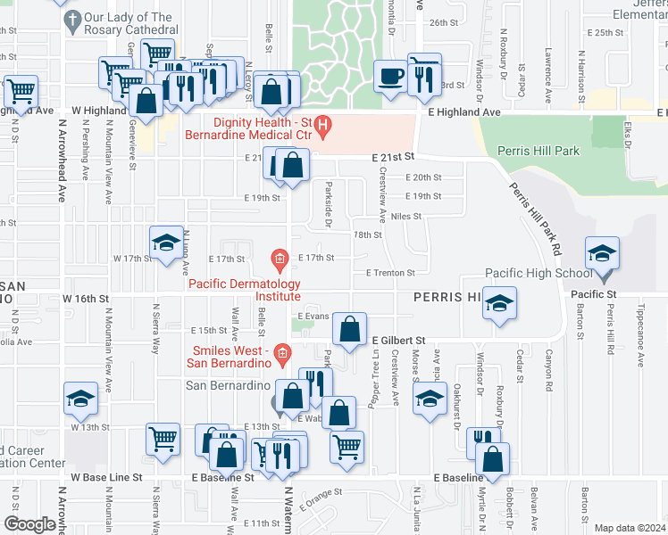 map of restaurants, bars, coffee shops, grocery stores, and more near 1654 North Kenwood Avenue in San Bernardino