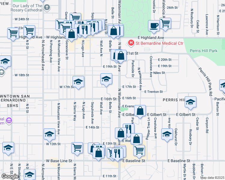 map of restaurants, bars, coffee shops, grocery stores, and more near 42 North Belle Street in San Bernardino