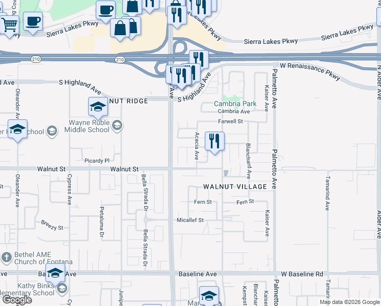 map of restaurants, bars, coffee shops, grocery stores, and more near 6840 Newport Court in Fontana