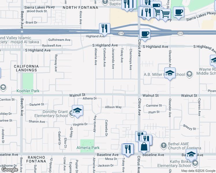map of restaurants, bars, coffee shops, grocery stores, and more near 6854 Tahoe Way in Fontana