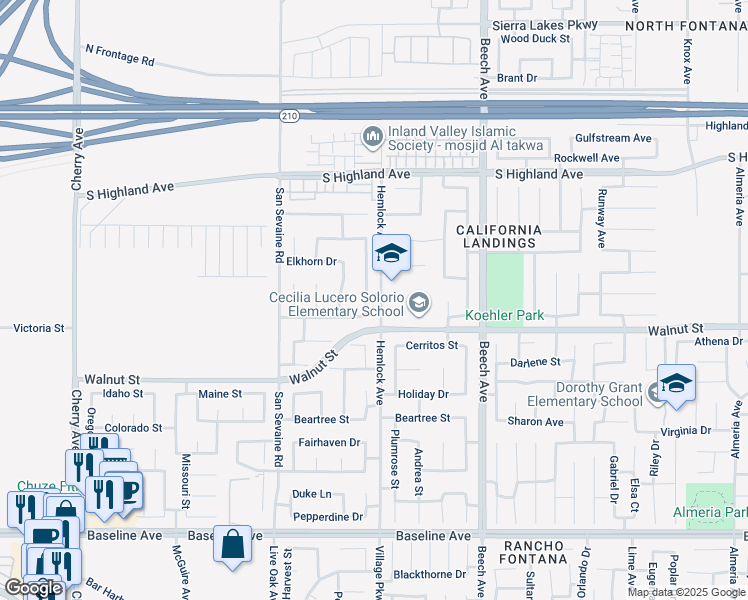 map of restaurants, bars, coffee shops, grocery stores, and more near 6861 Regal Park Drive in Fontana