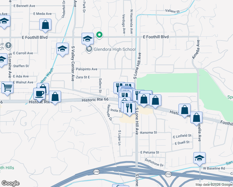 map of restaurants, bars, coffee shops, grocery stores, and more near 1818 Manor Lane in Glendora