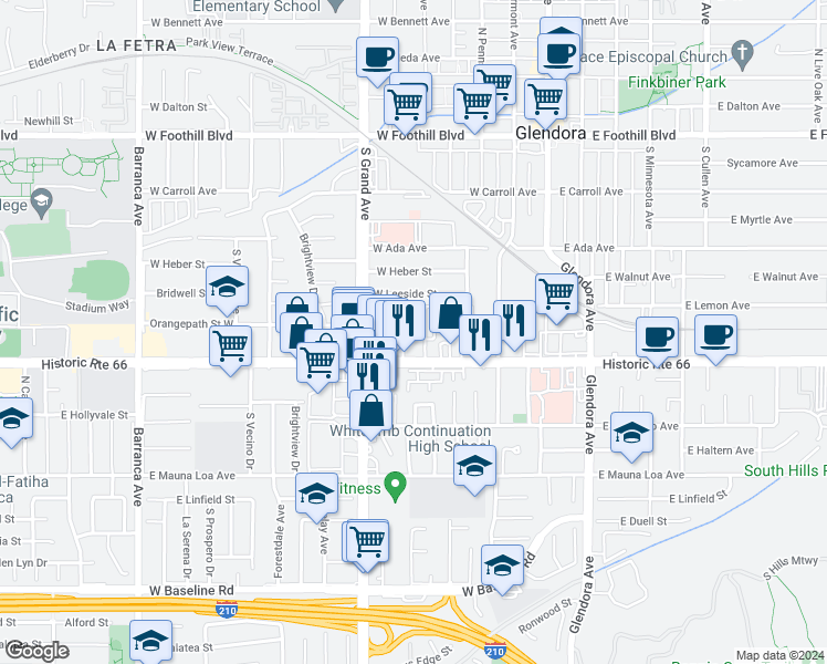map of restaurants, bars, coffee shops, grocery stores, and more near 423 West Route 66 in Glendora