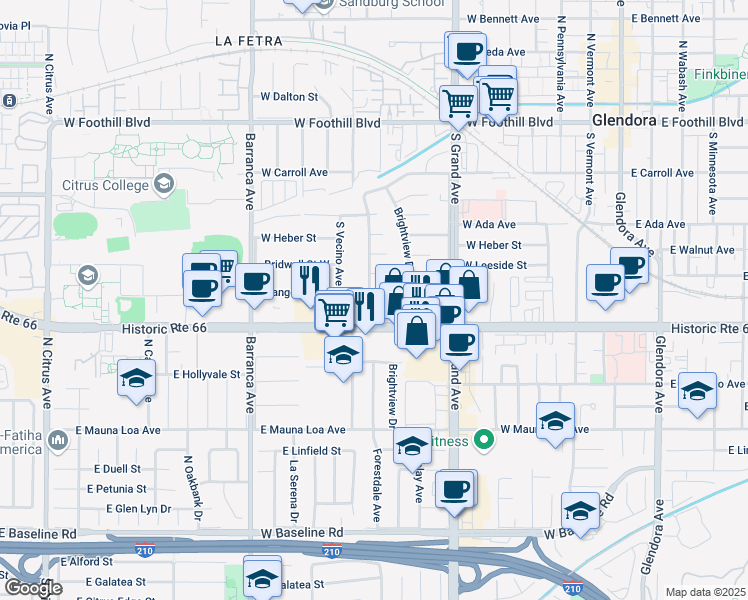 map of restaurants, bars, coffee shops, grocery stores, and more near 530 Forestdale Avenue in Glendora