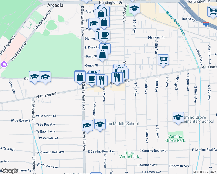 map of restaurants, bars, coffee shops, grocery stores, and more near 1016 South 1st Avenue in Arcadia
