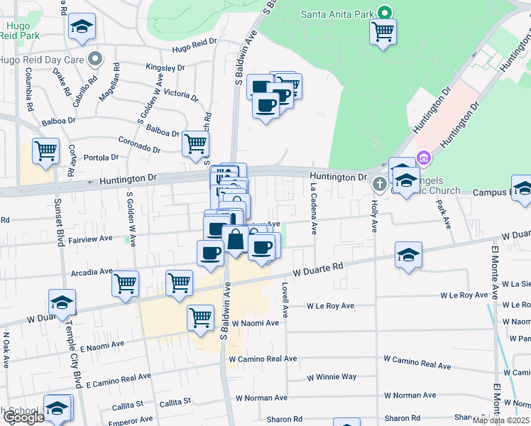 map of restaurants, bars, coffee shops, grocery stores, and more near 637 Fairview Avenue in Arcadia
