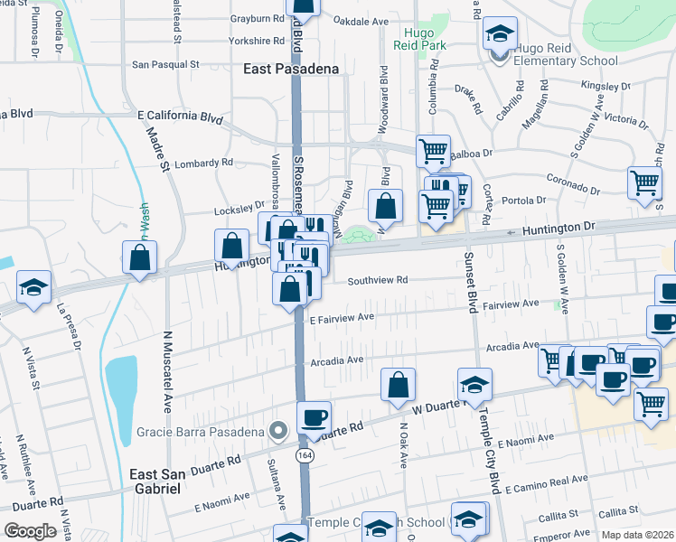 map of restaurants, bars, coffee shops, grocery stores, and more near 9061 Southview Road in San Gabriel