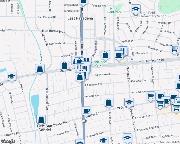 map of restaurants, bars, coffee shops, grocery stores, and more near 7260 California 19 in San Gabriel