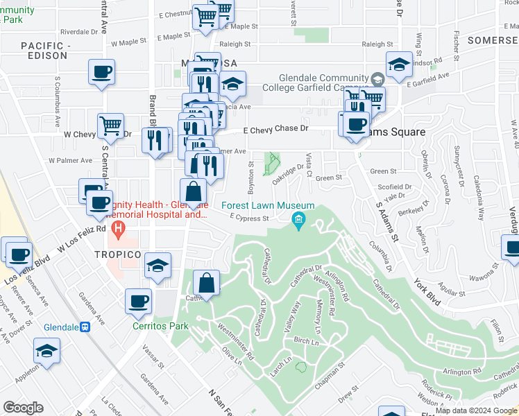 map of restaurants, bars, coffee shops, grocery stores, and more near 551 East Cypress Street in Glendale
