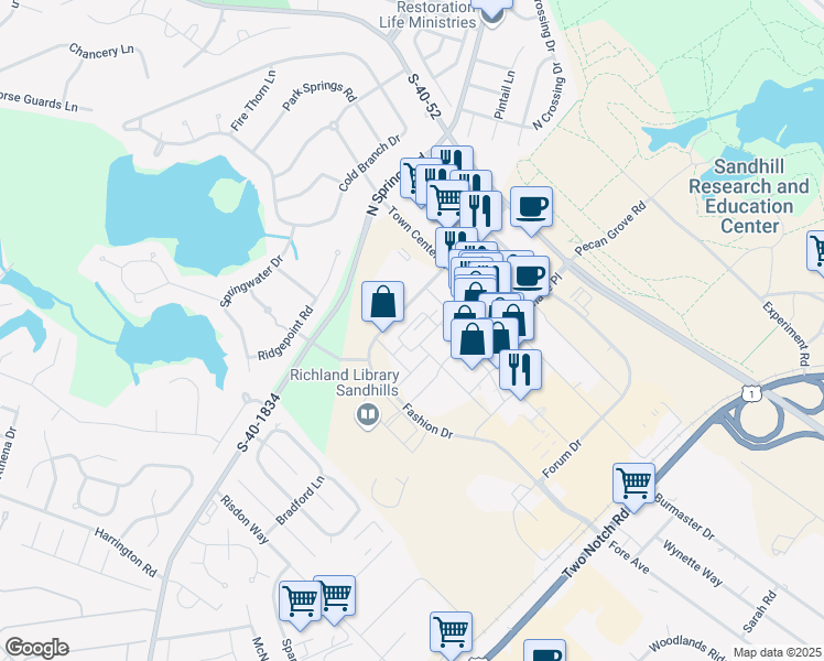 map of restaurants, bars, coffee shops, grocery stores, and more near Unnamed Road in Columbia