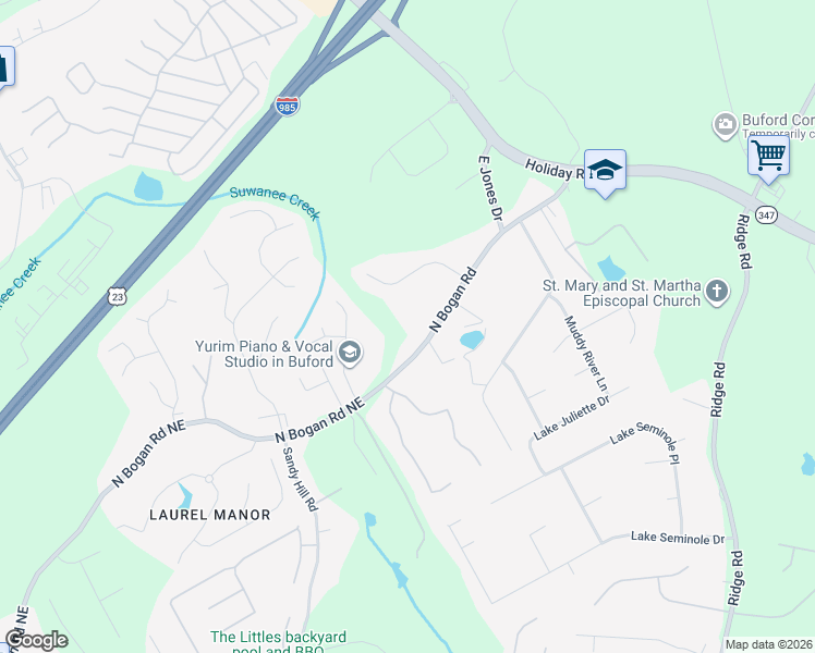 map of restaurants, bars, coffee shops, grocery stores, and more near 3516 North Bogan Road in Buford