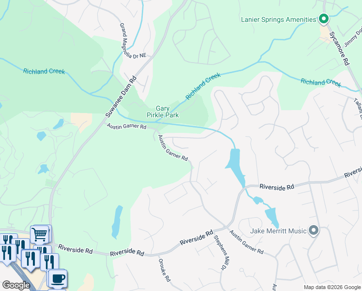 map of restaurants, bars, coffee shops, grocery stores, and more near 6075 Barker Landing Northeast in Sugar Hill