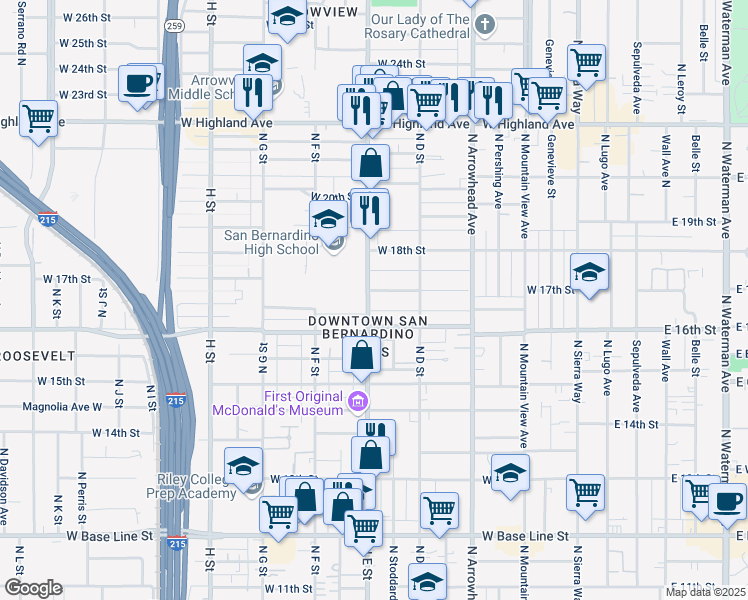 map of restaurants, bars, coffee shops, grocery stores, and more near 1661 North E Street in San Bernardino