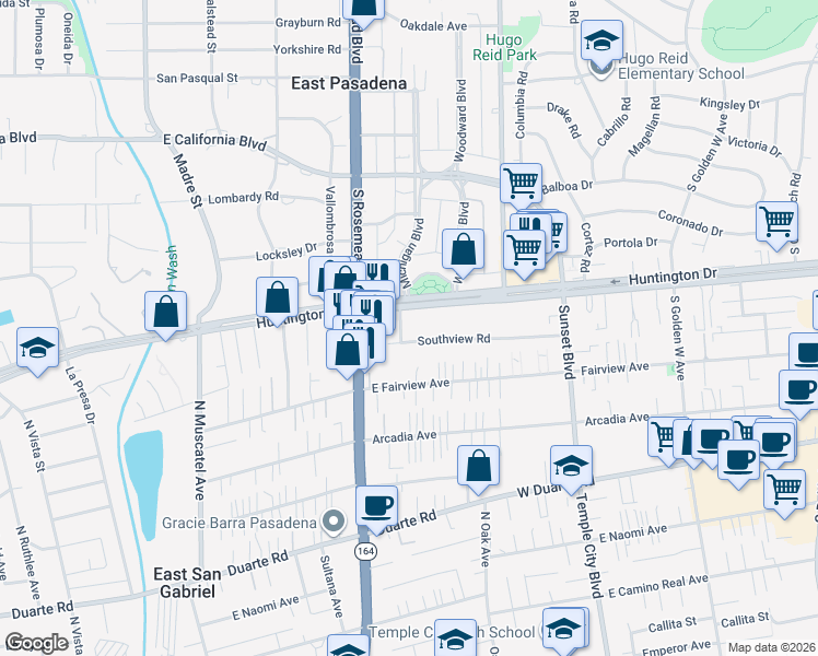 map of restaurants, bars, coffee shops, grocery stores, and more near in San Gabriel