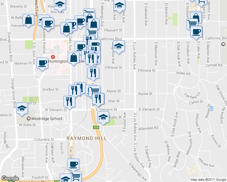 map of restaurants, bars, coffee shops, grocery stores, and more near Alpine Street & Magnolia Avenue in Pasadena