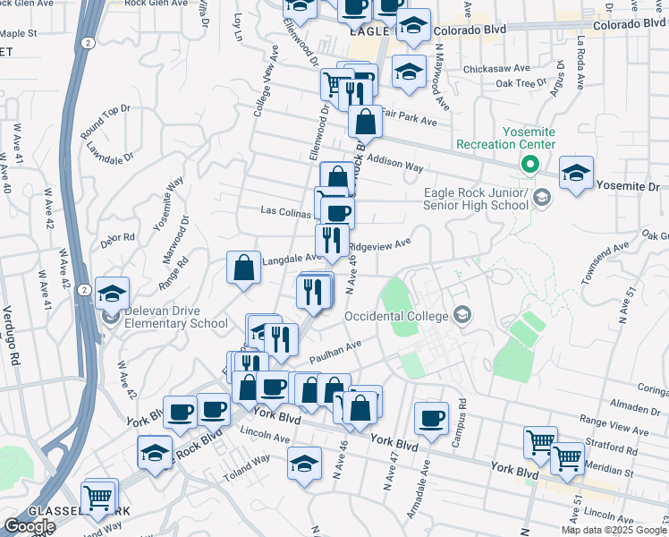 map of restaurants, bars, coffee shops, grocery stores, and more near 4680 North Eagle Rock Boulevard in Los Angeles