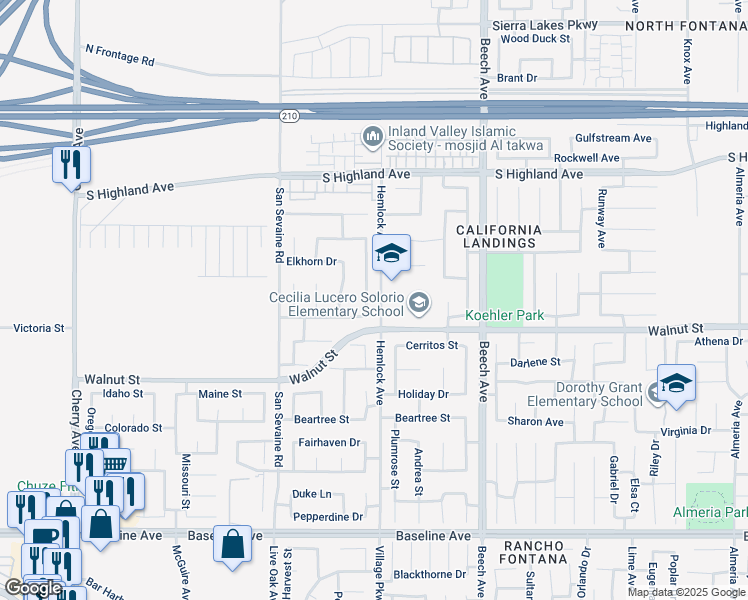 map of restaurants, bars, coffee shops, grocery stores, and more near 6861 Regal Park Drive in Fontana