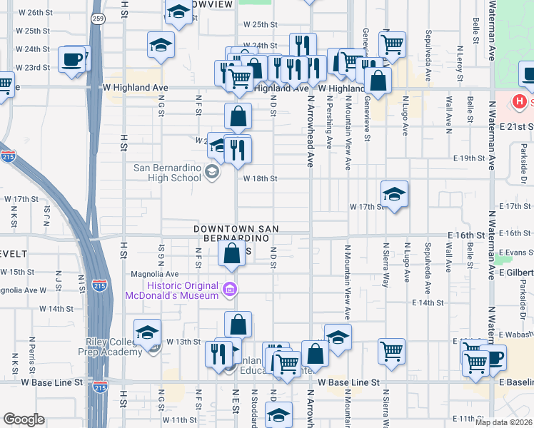 map of restaurants, bars, coffee shops, grocery stores, and more near 409 West 17th Street in San Bernardino