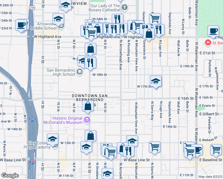 map of restaurants, bars, coffee shops, grocery stores, and more near 363 West 17th Street in San Bernardino