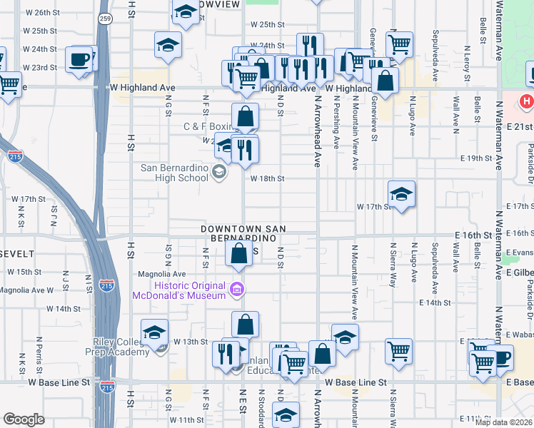 map of restaurants, bars, coffee shops, grocery stores, and more near in San Bernardino
