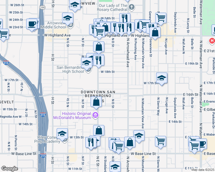map of restaurants, bars, coffee shops, grocery stores, and more near in San Bernardino