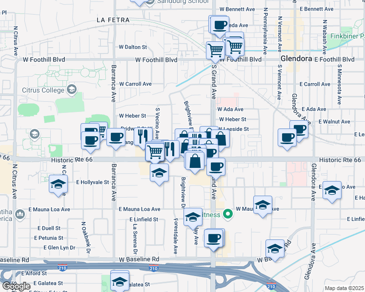 map of restaurants, bars, coffee shops, grocery stores, and more near 674 Orangepath Street West in Glendora
