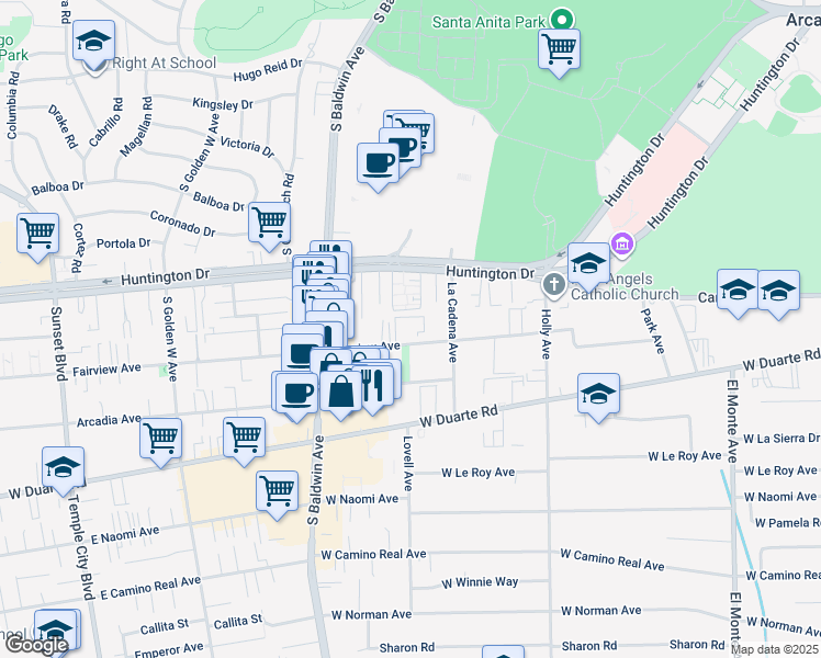 map of restaurants, bars, coffee shops, grocery stores, and more near 605 Fairview Avenue in Arcadia
