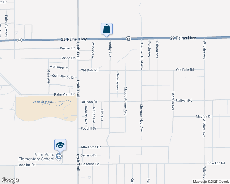 map of restaurants, bars, coffee shops, grocery stores, and more near 74771 Palm Vista Drive in Twentynine Palms
