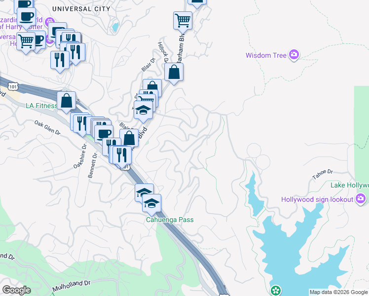 map of restaurants, bars, coffee shops, grocery stores, and more near 3395 Tareco Drive in Los Angeles