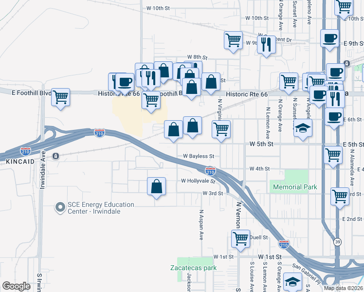 map of restaurants, bars, coffee shops, grocery stores, and more near 1018 West 5th Street in Azusa
