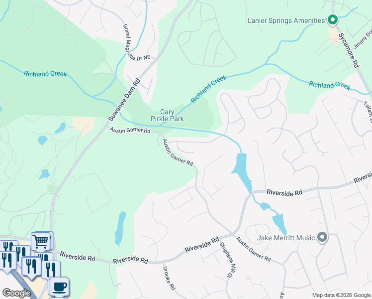 map of restaurants, bars, coffee shops, grocery stores, and more near 6075 Barker Landing Northeast in Sugar Hill