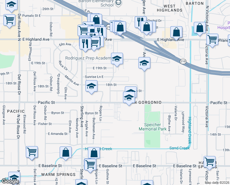 map of restaurants, bars, coffee shops, grocery stores, and more near 1694 North Newcomb Street in San Bernardino